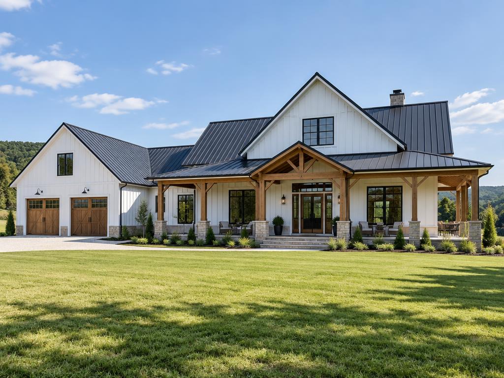 Modern white barndominium exterior with a covered timber porch