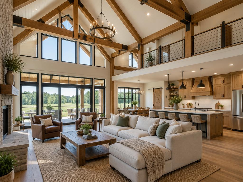 Open barndominium living room and kitchen with exposed timber beams